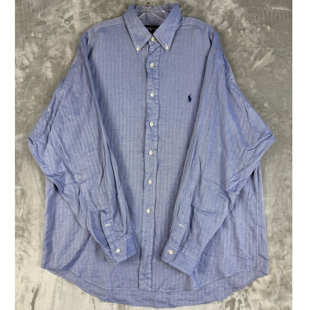 Y2K Ralph Lauren Men's Blue‎ Herringbone Button Down Shirt Yarmouth Fit